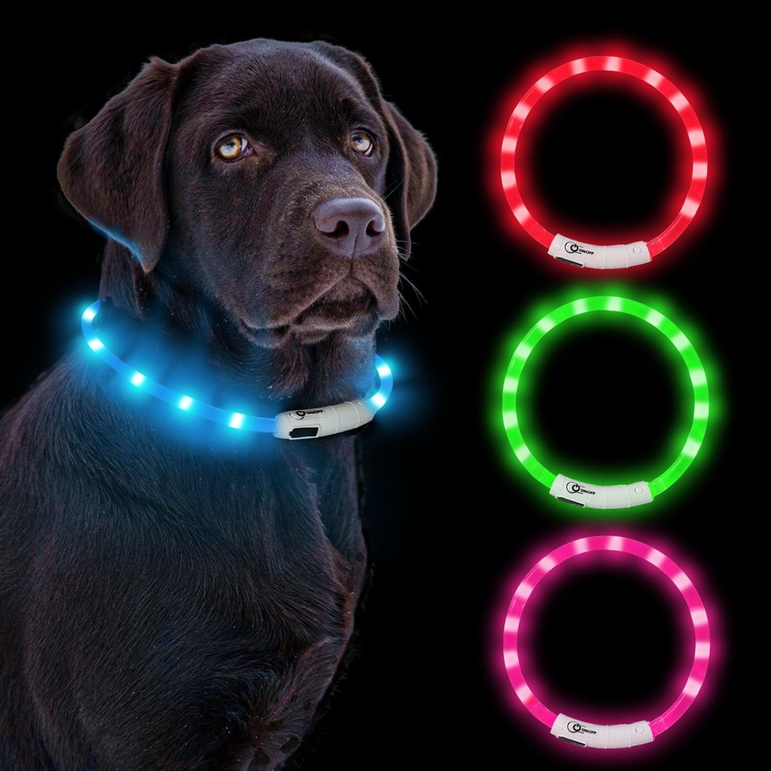 12 LED Lights Dog Collar, Waterproof Light Up Dog Collar Rechargeable, Dog Safety Necklace for Night Walking, Adjustable Cut-to-Fit Silicone Collar Small Medium Large Dog 27.5”s