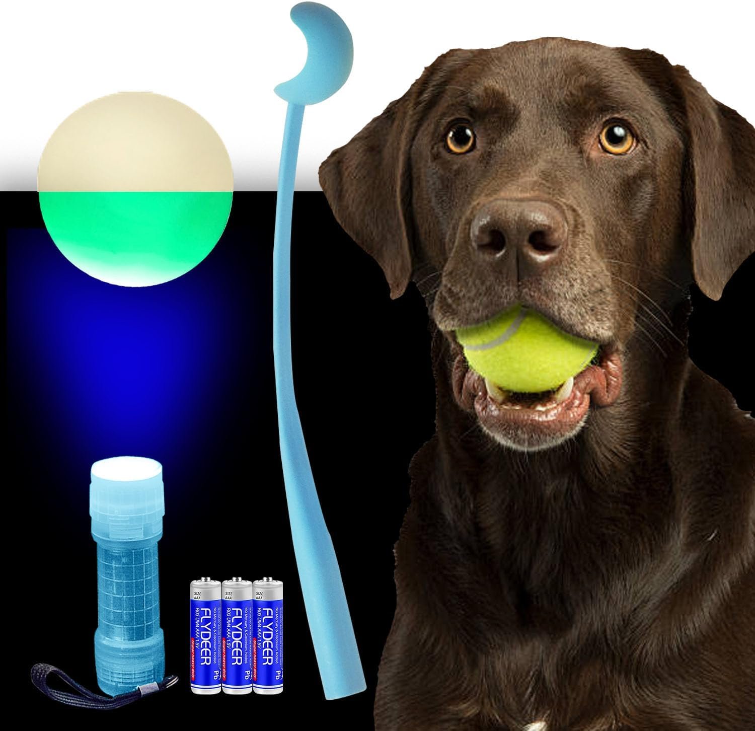 Adventure Kit – Includes Durable LED Ball, LED Flashlight, Sturdy Ball Thrower with Tennis Ball & 3 Long-Lasting Batteries – Ideal for Pet Playtime, Camping & Outdoor Adventures